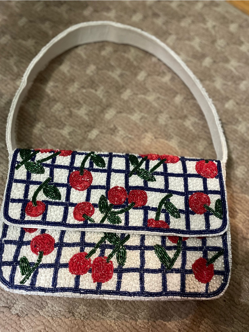 Beaded Cherry Grid Crossbody Bag - Red & Navy on White